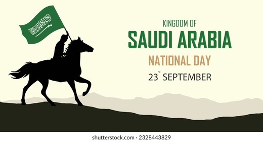 Kingdom of Saudi Arabia nation independence day, horse rider with green flag in desert background, copy space for text, suitable for national event and patriot celebrations