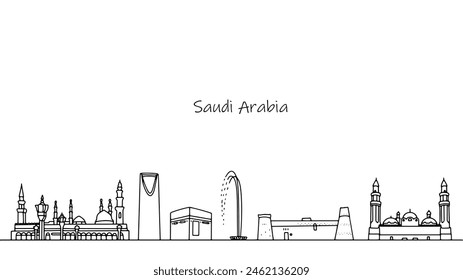 Kingdom of Saudi Arabia. Panorama of the streets of the Arab state. Architecture and culture of an unusual country. Black and white illustration for use in tourism.