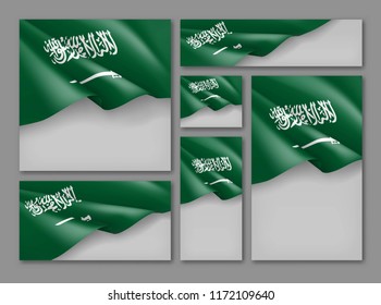 Kingdom of Saudi Arabia patriotic festive banners set. Realistic waving arabian flag on grey background. Independence and freedom vector layouts. Saudi Arabia national day concept with space for text