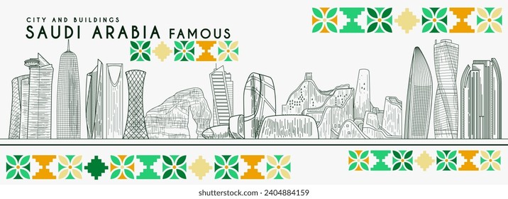 Kingdom of Saudi Arabia skyline. Sketch with panorama of Arab city with famous buildings and traditional ornaments. Landscape with city architecture and landmarks. Outline flat vector illustration