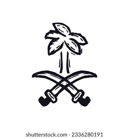 Kingdom of saudi arabia symbol logo. Palm dates and swords crossed icon hand drawn sketch vector illustration