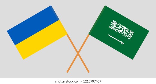Kingdom of Saudi Arabia and Ukraine. The KSA and Ukrainian flags. Official proportion. Correct colors. Vector illustration