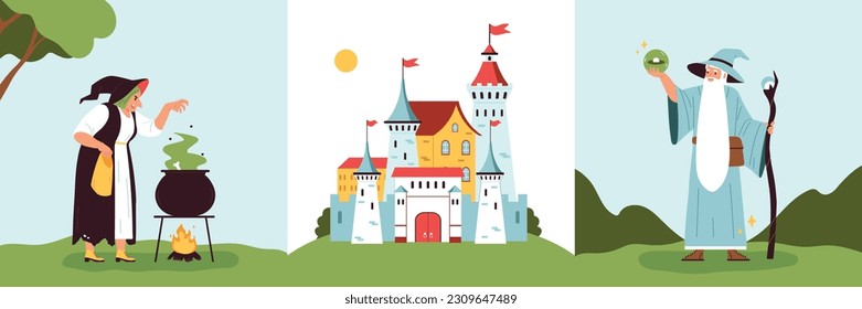 Kingdom set of three square compositions with outdoor landscapes characters of witch wizard and castle buildings vector illustration