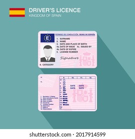 Kingdom of Spain. Spanish car driver license identification. Flat vector illustration template. 