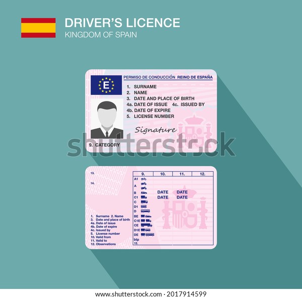 Kingdom of Spain. Spanish car\
driver license identification. Flat vector illustration template.\
