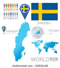 Kingdom of Sweden. flag. World Map. vector Illustration.