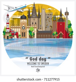 Kingdom Of Sweden Landmark Travel And Journey Background. Vector Design Template With Word God dag Is Meaning To Say Hello In Swedish Language