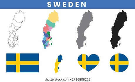 Conjunto de Vectores de mapa y bandera del Reino de Suecia