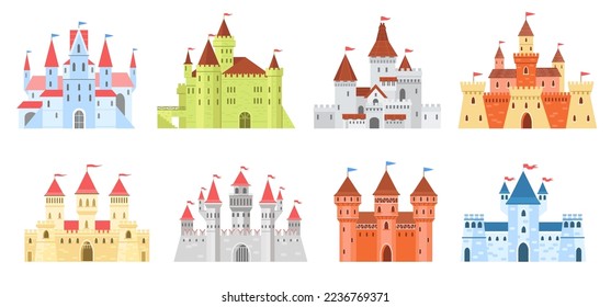 Kingdoms and castles. Medieval king palaces. Cartoon towers and fortress walls. Turret with waving flags on spires. Fabulous princess habitation. Fairytale architecture