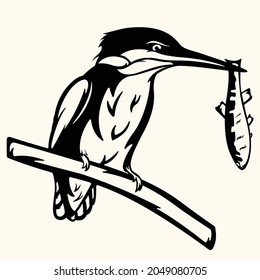 Kingfisher-Vogel, schwarz-weißer Vektorgrafik. Kaiserfisch-Zeitkunst.