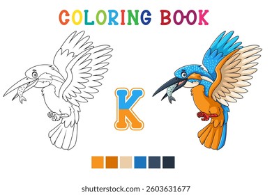 kingfisher bird cartoon in coloring book style