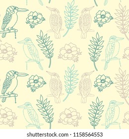 Kingfisher bird outline seamless pattern, vector background