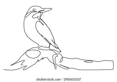 kingfisher bird perched on tree trunk. Continuous one line drawing	