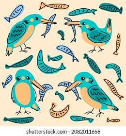 Kingfisher birds and fishes doodle collection. Perfect for T-shirt, stickers, textile and print. Hand drawn vector illustration for decor and design. 