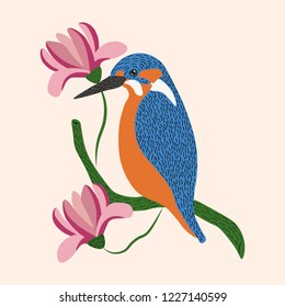 kingfisher birds floral vector illustration