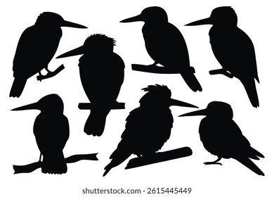 Kingfisher birds silhouettes set isolated flat vector illustration on white background
