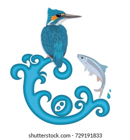 Kingfisher and fish on white background. Vector cartoon illustration. Greeting card.