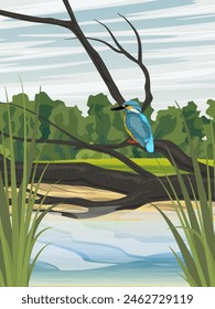 Kingfisher se sienta en una rama en la orilla arenosa de un río. Entradas de hierba alta y cielos azules claros. Paisaje de Vertical de Vector realista