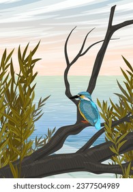 Kingfisher se sienta en una rama a orillas de un gran lago. Entradas de hierba alta y cielos azules claros. Paisaje vertical vectorial realista