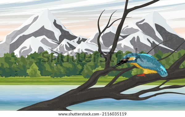 A kingfisher sits on a branch of a tree. River\
bank and mountains with snow-capped peaks. Realistic vector\
mountain landscape