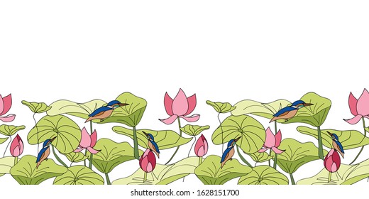 Kingfisher sitting on lotus flowers border with white background seamless vector repeat. Surface Pattern Design