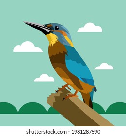 kingfisher standing on a wood with a view of the sky. Perfect for children's pictures, book covers, animal stories, logos, etc. eps file