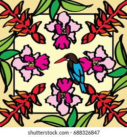 Kingfisher and Tropical Flowers Design