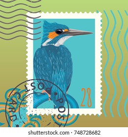 Kingfisher. Vector illustration. Stamp. Mark. Postage card.