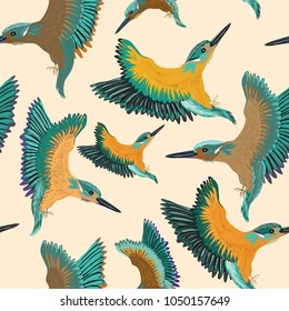 Kingfishers seamless pattern. Vector illustration of the birds on light yellow background