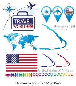 Kingman Reef. United States of America. flag. World Map. Travel vector Illustration.