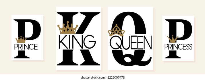 King,Queen, Prince and Princess. Mom, dad, little sister, brother, daughter, son - set of family crown design. Black text isolated on white. Printable: t-shirt, pillow, mug, cup, sweatshirt, pajamas