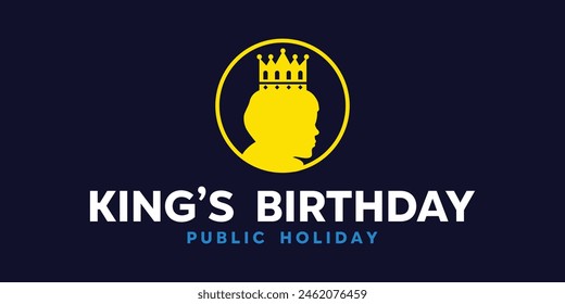 Kings Birthday. King and crown. Great for cards, banners, posters, social media and more. Dark blue background.