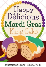 King's cake covered with colorful glaze, feathers and rounded necklace ready to celebrate a festive and delicious Mardi Gras carnival.