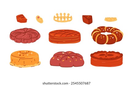 Kings cakes, crowns, baby figure. Set of traditional Epiphany pies. Christmas celebration food, catholic holiday. Vector illustration.