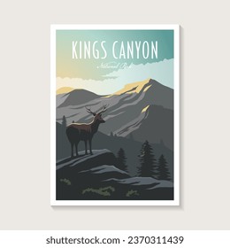 Afiche del Parque Nacional del Cañón Kings, diseño de afiches sobre el paisaje de montaña de ciervos