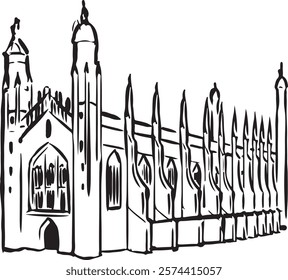 King's College, Cambridge, England black and white ink sketch. Gothic architecture, stunning chapel and intricate stonework. Historic landmark illustration. Tourism, travel, and cultural heritage