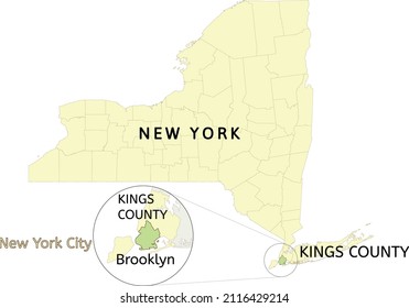 Kings County and borough of Brooklyn location on New York state and New York City map