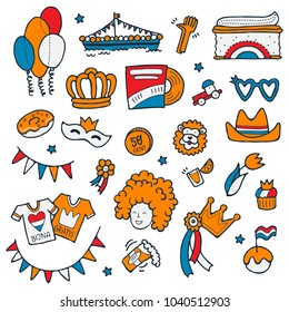 King's Day clipart. Hand drawn stylized icons. Vector illustration in traditional colors. Great for the decoration of cars, clothes, flea markets and shops during King's Day celebration.