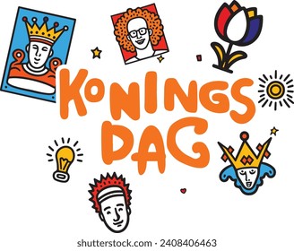 King's Day Dutch Doodle icon Set. Illustrations of royal icons, bicycles, tulips, and phrases, in the Netherlands' flag colors 
