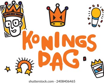 King's Day Dutch Doodle icon Set. Illustrations of royal icons, bicycles, tulips, and phrases, in the Netherlands' flag colors 
