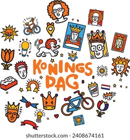 King's Day Dutch Doodle icon Set. Illustrations of royal icons, bicycles, tulips, and phrases, in the Netherlands' flag colors 
