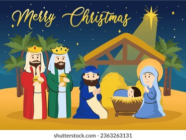 Kings greet Jesus background concept with people scene in the flat cartoon design. The card conveys the atmosphere of the birth of Christ and his greeting by various kings. Vector illustration.