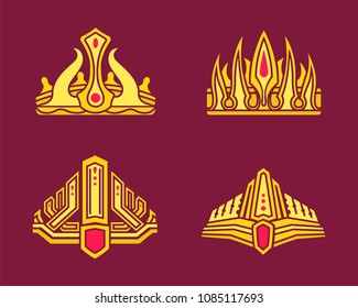 Kings and queens colorful king hat set inlaid with gems. Golden heraldic crowns of standard and unusual design precious stones vector on violet