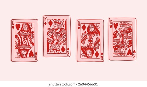 Kings, Queens of diamonds, hearts. Playing red Royal cards. Gambling, poker concept. Unique trendy style. Hand drawn modern Vector illustration. Poster, print, logo design templates