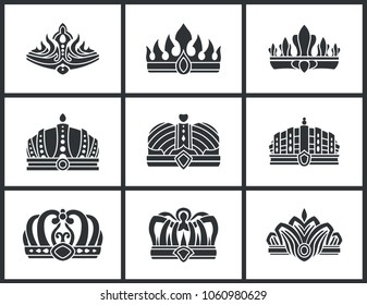 Kings and queens monochrome crowns set inlaid with gems. Colorless heraldic crowns of standard and unusual design precious stones vector illustration