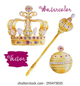King's regalia set: golden crown, scepter. Watercolor.