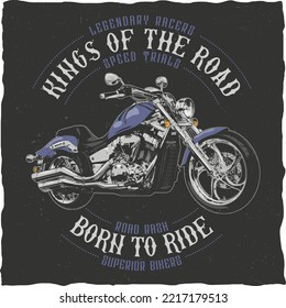 Kings of the road born to ride, vector icon for speedway motors sport. Motorcycle racing and speed moto retro grunge t-shirt print, biker motocross, or motorsport custom emblem