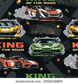 Kings of roads colorful pattern seamless with racing cars and tire tracks near puffs of smoke vector illustration