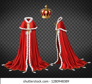 Kings royal robe with cape and mantle trimmed ermine fur and precious, gold crown decorated perls 3d realistic vector front, side view illustration isolated on transparent background. Monarch clothing