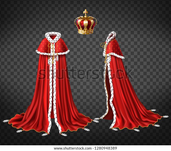 透明な背景に王室のローブとマントのトリミングされたアーミン毛皮と貴重な金冠の装飾パール3dのリアルなベクター画像前面 側面図イラスト 君主の衣服 のベクター画像素材 ロイヤリティフリー